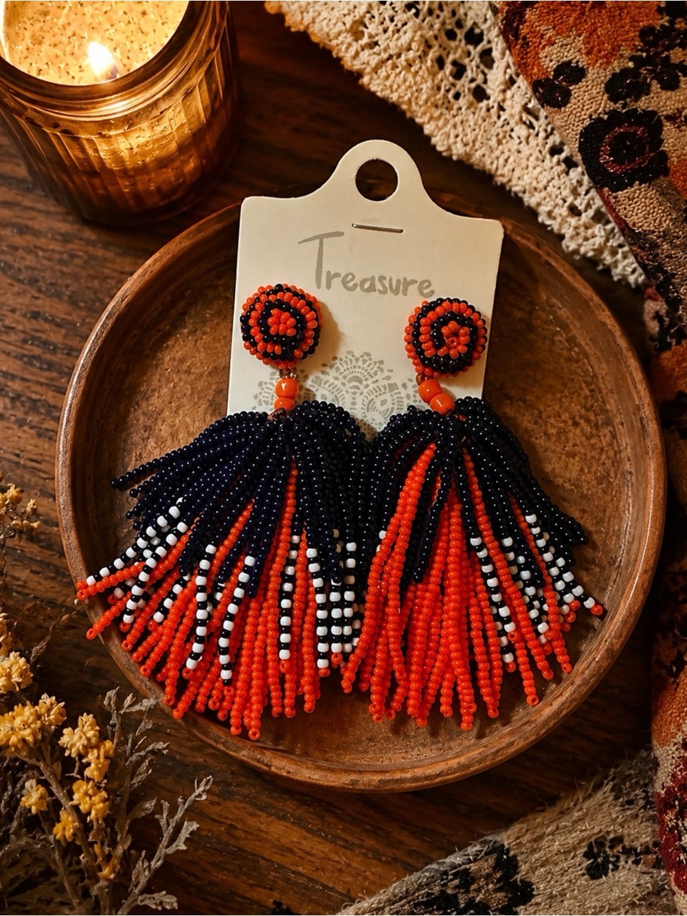 Beaded Tassel Drop Earrings in navy & Orange